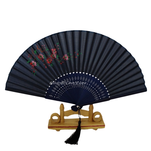 Fächer Handfächer aus Bambus & Baumwolle schwarz Blumen Handarbeit 6897c - zum Schließen ins Bild klicken